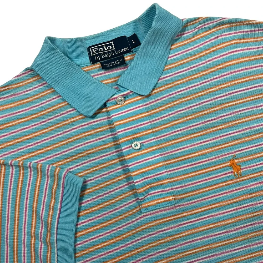 Polo Ralph Lauren Polo Shirt Mens L Blue Orange Striped Pima Cotton Short Sleeve